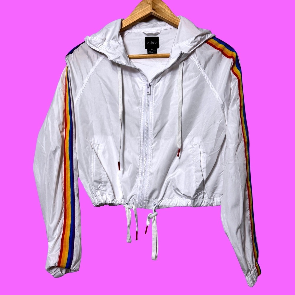A.Lab Womens White Rainbow Stripe Cropped‎ Hooded Windbreaker Jacket Small